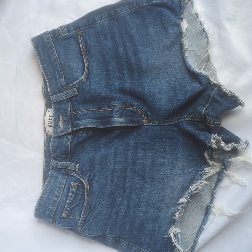 PAIGE Blue Distressed Denim Shorts